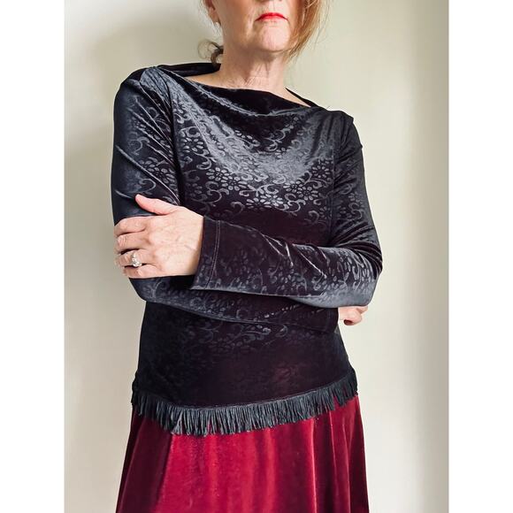 Y2K Velvet Burnout Long Sleeve Top Size Medium Fringe Gothic Grunge Whimsygoth - Picture 4 of 10